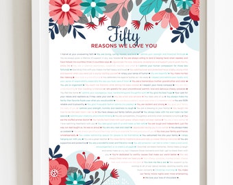 50 Reasons We Love You Turquoise Floral DIGITAL Print; 50th Birthday; Wife's 50th Birthday; Friend's 50th Birthday; Mom's 50th