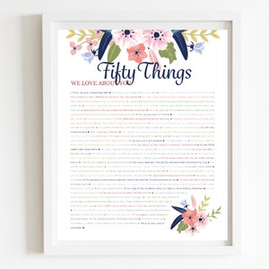 May include: A printable poster with a floral design and the text "Fifty Things We Love About You". The poster features a list of fifty positive attributes, written in a variety of colors.