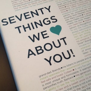 Pu&ograve; includere: Uno sfondo bianco con testo nero che recita "Seventy Things We About You!" con un cuore turchese al centro del testo. Il testo continua sotto il cuore con un elenco di attributi positivi.