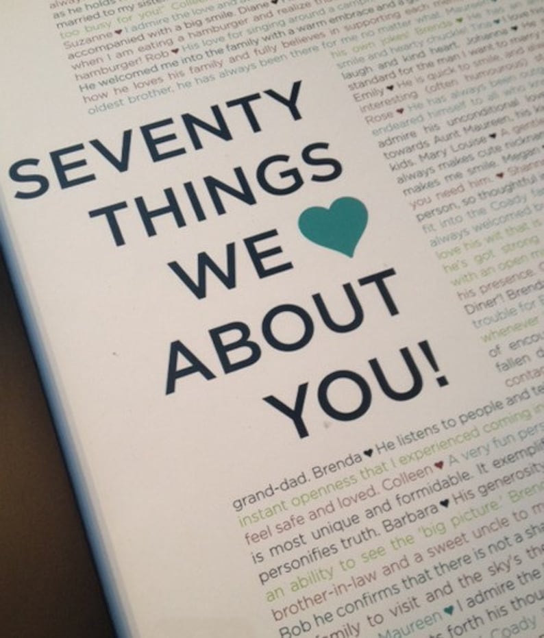 Pu&ograve; includere: Uno sfondo bianco con testo nero che recita "Seventy Things We About You!" con un cuore turchese al centro del testo. Il testo continua sotto il cuore con un elenco di attributi positivi.