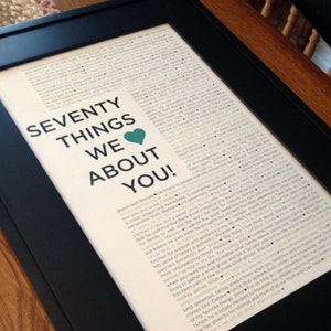 Pu&ograve; includere: Una stampa incorniciata con una cornice nera e uno sfondo bianco. La stampa presenta il testo "Seventy Things We &hearts; About You!" in lettere nere e turchese. Il testo &egrave; circondato da un elenco di motivi per cui qualcuno &egrave; amato.