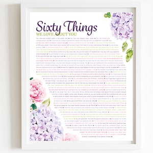 May include: A printable poster with a floral design featuring pink roses and purple hydrangeas. The poster has a white background and features a list of 60 things people love about someone. The text reads "Sixty Things We Love About You".
