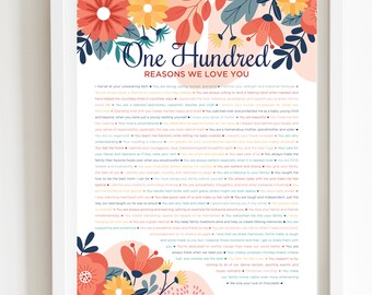 100 Reasons We Love You Floral Print, Personalized Birthday Gift (Digital Download)