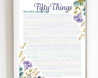 50 Things We Love About You Purple Floral DIGITAL Print; 50th Birthday; Wife's 50th Birthday; Friend's 50th Birthday; Mom's 50th