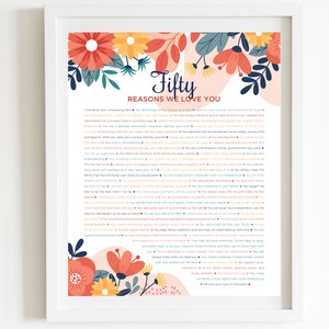 May include: A pink and white printable poster with a floral border and the text "Fifty Reasons We Love You". The poster lists fifty reasons why someone is loved, including their faith, kindness, talent, and family values.