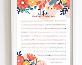 50 Reasons We Love You Print, Floral Birthday Gift (Digital Print)