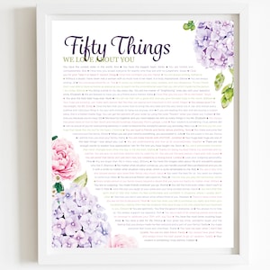 May include: A printable poster with a white background and a purple and pink floral design. The poster features a list of 50 things the person loves about someone. The text is in a black font and reads "Fifty Things We Love About You".