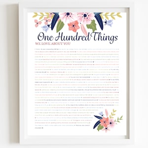 May include: A printable poster with a floral design and the text "One Hundred Things We Love About You". The text is in a pink, blue, and green font and lists 100 reasons why someone is loved.