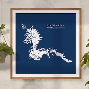 GLACIER PEAK Glaciers Map, Pacific Northwest Minimalist Cascade Mountains Map Art Prints