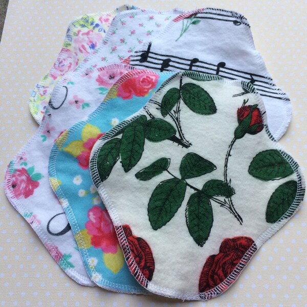 Roses, 3-7-10, Reusable Cloth Pantyliners, Panty Liners, 100% Cotton Flannel, 3 sizes, Winged