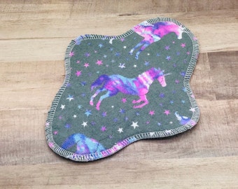 8" Flannel, READY TO SHIP, Pad With Core, Reusable Menstrual Cloth Pad Slight Incontinence Pantyliner Flannel, Unicorns in Stars