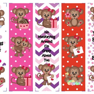 May include: Set of six printable Valentine's Day bookmarks featuring cute cartoon monkeys with different messages. The bookmarks have pink, red, and purple backgrounds with polka dots and chevron patterns. The messages include "I'm Bananas About You", "No Monkeying Around I'm Crazy About You", and "You're Better Than A Banana".