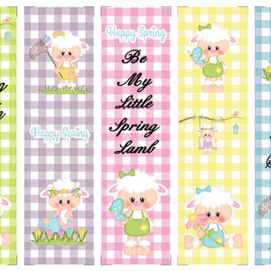 May include: Five colorful bookmarks with a gingham pattern and a cute cartoon lamb on each. The bookmarks feature spring-themed text, including "Spring is in the air", "Happy Spring", "Be My Little Spring Lamb", "I Love Spring", and "Happy Spring".