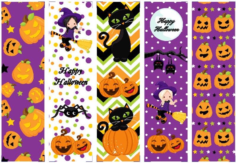 Puede incluir: Cinco dise&ntilde;os de marcap&aacute;ginas con tem&aacute;tica de Halloween. Cada marcap&aacute;ginas presenta un patr&oacute;n y un dise&ntilde;o diferentes. Los dise&ntilde;os incluyen una bruja en una escoba, un gato negro, calabazas, murci&eacute;lagos y estrellas. El texto "Happy Halloween" aparece en dos de los marcap&aacute;ginas.