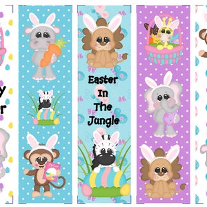 May include: Set of six colourful bookmarks featuring various jungle animals wearing bunny ears. Each bookmark has a different Easter-themed message, including "Happy Easter", "Easter in the Jungle", and "Where's the Easter Bunny?"