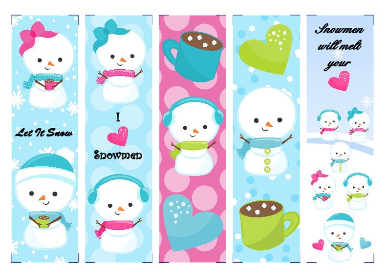 Puede incluir: Conjunto de seis marcap&aacute;ginas imprimibles con lindas ilustraciones de mu&ntilde;ecos de nieve y texto de tem&aacute;tica invernal. Los marcap&aacute;ginas incluyen frases como "Let It Snow", "Me encantan los mu&ntilde;ecos de nieve" y "Los mu&ntilde;ecos de nieve derretir&aacute;n tu coraz&oacute;n".