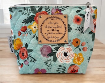 Psalm 139:14 Floral Christian quilted cosmetic bag with leather Bible verse