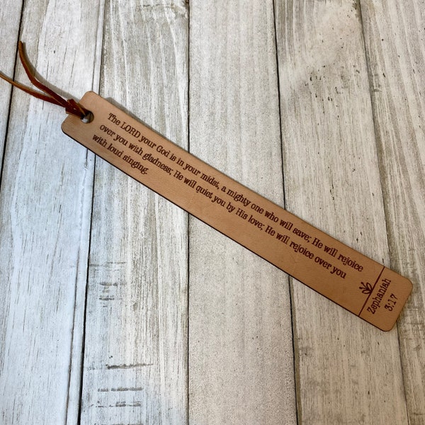 Zephaniah 3 17 Bible verse bookmark made in real leather. Custom Bible verses available