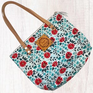 Teal floral Christian Quilted bag with zipper and leather handles and Bible verse