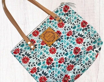 Teal floral Christian Quilted bag with zipper and leather handles and Bible verse