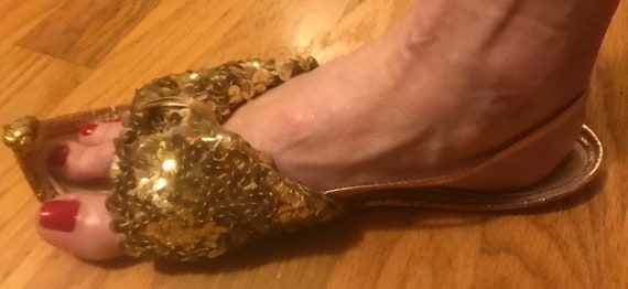 Gold sequined genie sandals with buckle heel strap - image 3