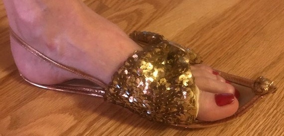 Gold sequined genie sandals with buckle heel strap - image 1