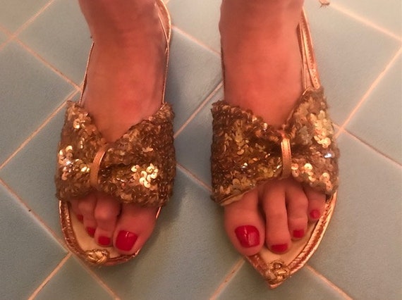 Gold sequined genie sandals with buckle heel strap - image 2