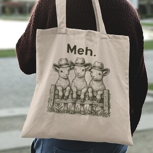 Funny Meh Lamb Cotton Canvas Tote Bag - &#39;Meh.&#39; Farm Animal Design, Farm Life, Homestead Life, Farmhouse Tote, Library Book Bag, Farmer Gift