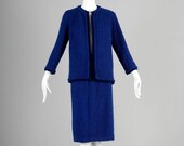 Small 1960s Skirt Suit 60s Winter Suit Set Royal Blue Wool Knit Skirt Suit Vintage Jacket Sweater Nubby Velvet Boxy Winter Ensemble Out
