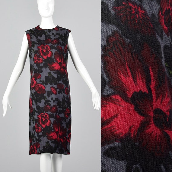 Small 1960s Gray Shift Dress Red Floral Sack Wool… - image 1