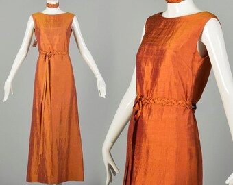 Small 1990s Red Gold Orange Silk Dupioni Sharkskin Dress with Belt and Accessories