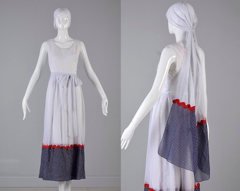 Medium 1970s Casual Midi Dress Bohemian Festival Dress Red White Blue Matching Head Scarf 70s Vintage