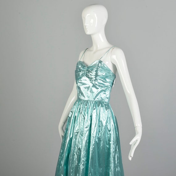 Small 1980s Aqua Sleeveless Pleated Shiny Prom Ma… - image 7