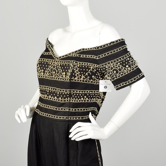 XL 1980s Jumpsuit Black Gold Beading Off Shoulder… - image 7