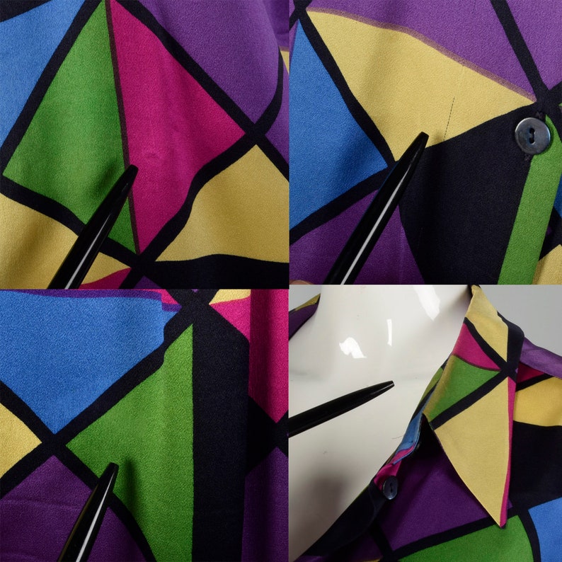 Large Vintage Blouse Geometric Silk Blouse Vintage Colorful Blouse Vintage Silk Rainbow Shirt Long Sleeve Top