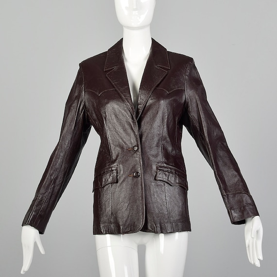 Medium Brown Leather Jacket 1970s Western Blazer B