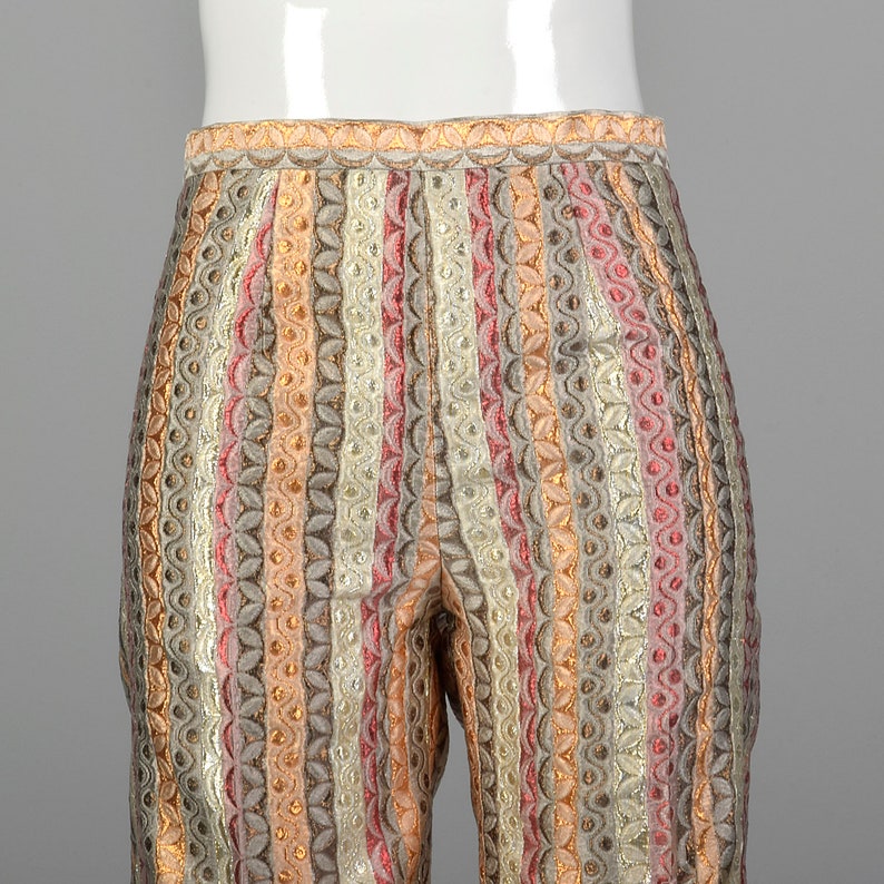 XXS Metallic Pants 1970s Gold Silver Copper Red Stripes Textured Weave Wide Leg Trouser High Waited Pants