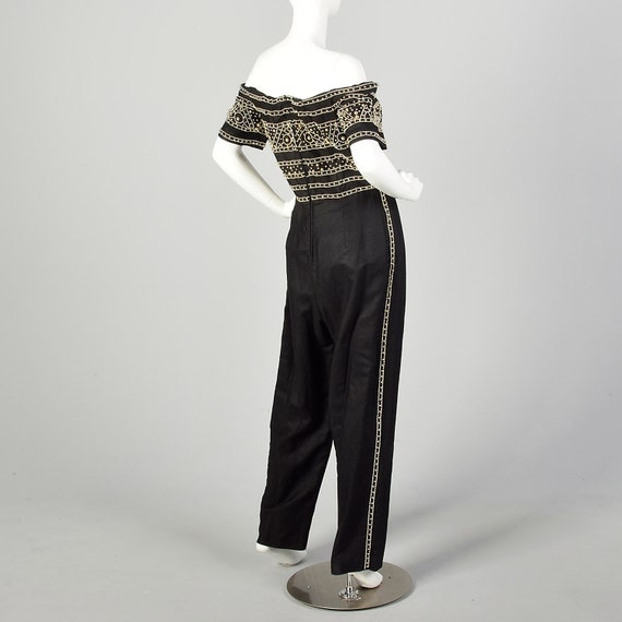 XL 1980s Jumpsuit Black Gold Beading Off Shoulder… - image 2