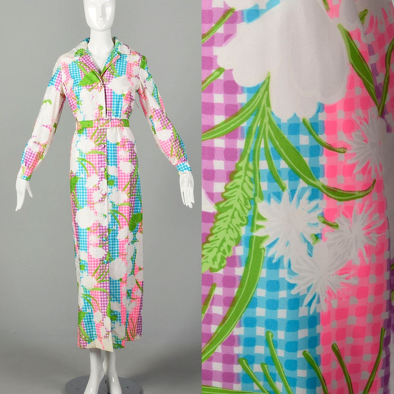 Large Maxi Dress 1970s Colorful Bright Floral Belt Long Sleeve