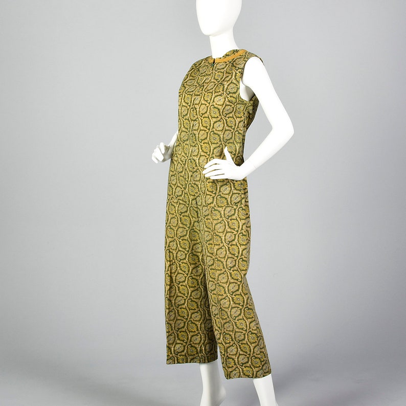 Small Green Print Jumpsuit Gold Leaf Pattern Sleeveless Vintage 1980s Zip Front Patch Pockets Gold Trim Jumpsuit