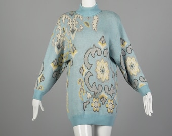 Medium 1990s Sweater Blue Fairy Kei Turtleneck Floral Wool Knit 90s Tunic Sweater
