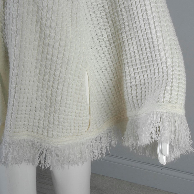 1970s Hippie Knit Poncho 70s Boho Sweater Cardigan Cape Button Up Poncho Shrug Fringe Trim Vintage Casual Wrap