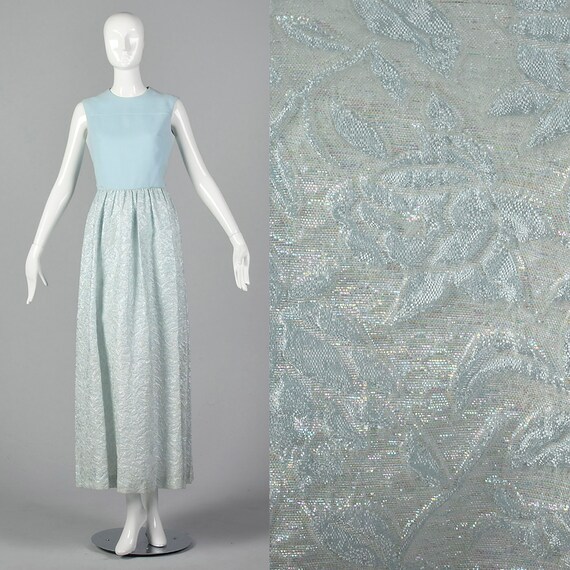 Small 1970s Blue Maxi Dress Metallic Skirt Sleevel