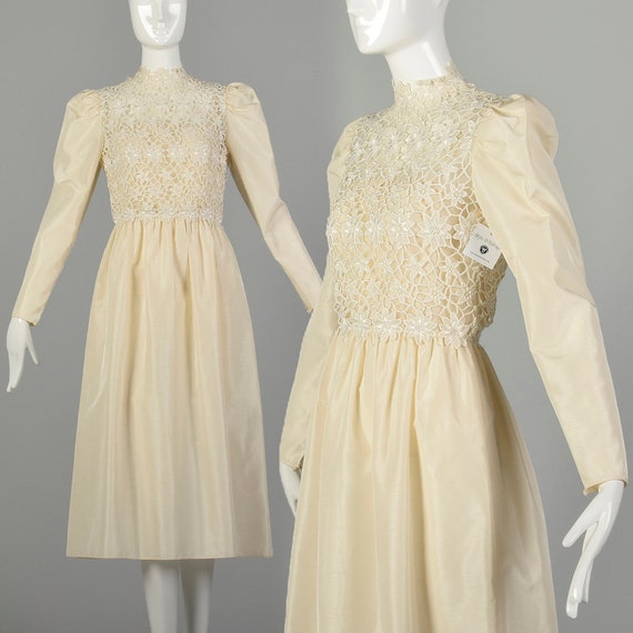 Small 1970s Rizkallah Dress Cream Long Sleeve Lac… - image 1