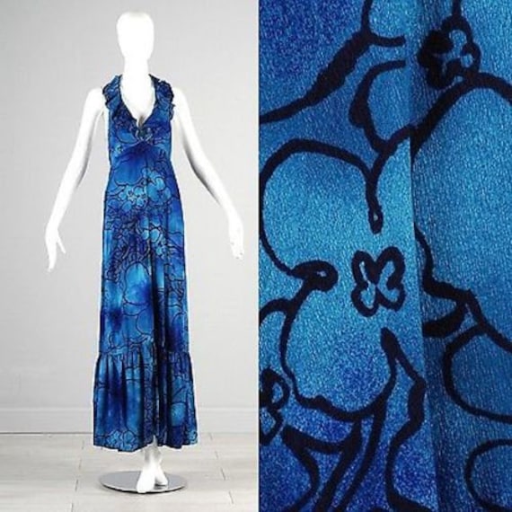 XS 1970s Maxi Dress 70s Halter Dress Blue Hawaiia… - image 1