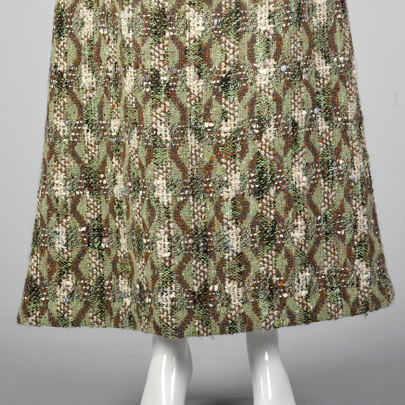Small Homemade Wool Tweed Maxi Skirt Unique Green Brown Vintage 1980s Long Skirt
