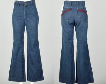 Small 1970s Jeans High Waisted Hippie Bell Bottoms Embroidered Pockets