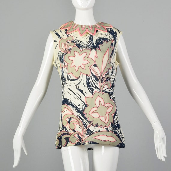 Large 1970s Tunic Top Vintage Print Blouse Sleevel