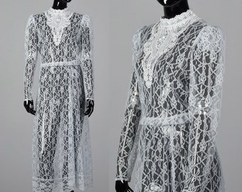 Medium Sheer Lace Dress Vintage 80s Lightweight Long Sleeve Sexy Wedding Applique Button Back