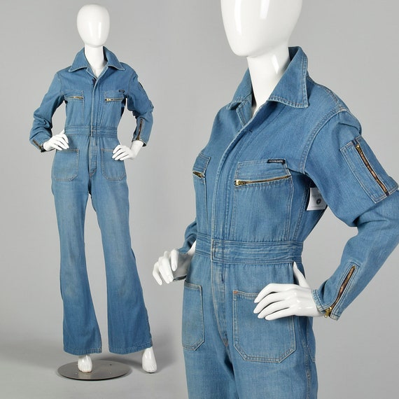 Small 1990s Denim Jumpsuit Bell Bottoms Long Sleev